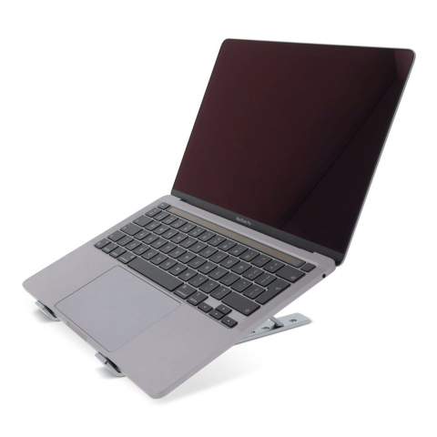 Indispensable for your office and on the go! This folding laptop stand has a universal design for any laptop up to 15.6 inches. The aluminum material is sturdy, and the clever design is adjustable to 6 different angles. Fold the stand and take it with you in the included deluxe travel pouch.