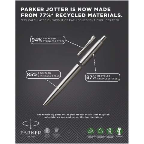Jotter, die Parker Ikone, ist die bevorzugte Wahl für aktive Schreiber, die überall, wo sie gerade sind, einen Stift benötigen. Mit Parker Geschenkkarton. Wird mit einer Kugelschreibermine geliefert. Exklusives Design.