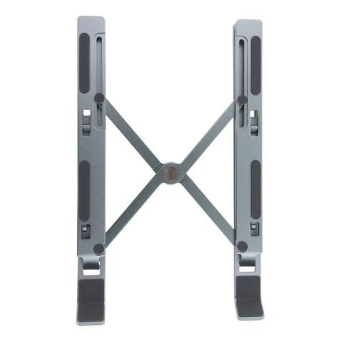 Indispensable for your office and on the go! This folding laptop stand has a universal design for any laptop up to 15.6 inches. The aluminum material is sturdy, and the clever design is adjustable to 6 different angles. Fold the stand and take it with you in the included deluxe travel pouch.