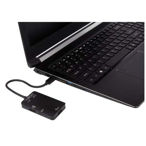 This handy multimedia adapter functions as a regular USB hub, and can also be used to connect your laptop to an external monitor/projector using the integrated HDMI output. The adapter has a premium aluminium casing, and is the perfect accessory for mirroring/extending your laptop screen to a larger screen. Delivered in a premium kraft paper box with a colourful sticker.
