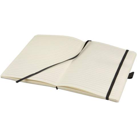 Flexibel notitieboekje (A5 formaat) met zacht aanvoelende kaft, geïntegreerde elastische sluiting, lint als bladwijzer, penlus, documentvak aan de binnenkant van de achteromslag en 80 vellen (80 g/m2) crèmekleurig gelinieerd papier. Verpakt in een zwarte hoes.