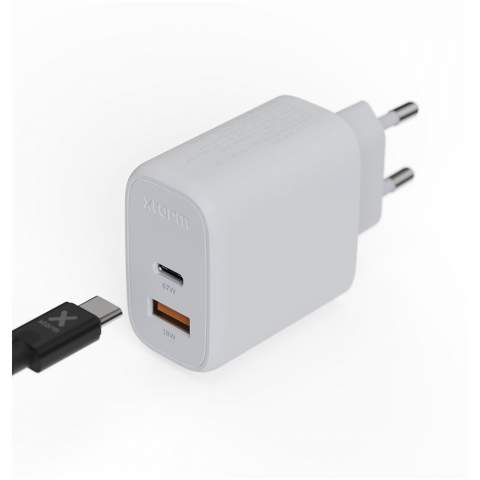 The 67W GaN² Ultra wall charger is designed to be more compact and powerful than ever before. With its compact design and dual-port functionality, this wall charger is perfect for your travels, office, or home. To reduce waste and contribute to a more sustainable future, the charger is made from 97% recycled plastic. Output: 1 USB-C 67W power delivery, and 1 USB-A 18W quick charge 3.0. Delivered with a user manual.