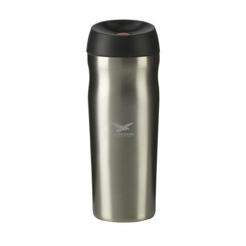 Double-walled, leak-proof, insulated thermo cup (food grade) with stainless steel screw top. With just one press of the button, the spout opens and closes itself. Capacity 450 ml. Each item is individually boxed.