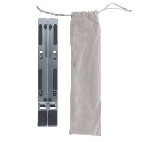 Indispensable for your office and on the go! This folding laptop stand has a universal design for any laptop up to 15.6 inches. The aluminum material is sturdy, and the clever design is adjustable to 6 different angles. Fold the stand and take it with you in the included deluxe travel pouch.