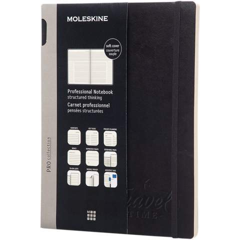 The Moleskine Pro notebook has structured pages, numbered pages and a contents list to help keep track of your notes. Features soft cover rounded corners, ivory-colored, 70 g/m2, acid free paper with color-coordinated bookmark ribbon and elastic closure. Includes front endpaper with 'in case of loss' notice and detachable last 8 pages.