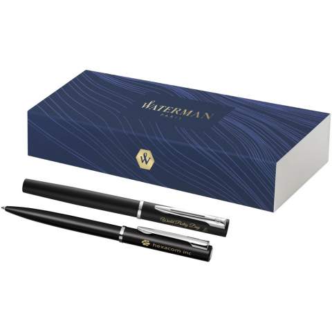 Duo pen giftset consisting of the Allure ballpoint pen and rollerball pen in black. With a contemporary and stylish design, Waterman Allure elevates one's style and everyday writing experience above the crowd. Providing good value performance, this everyday premium pen set is a first step into the Fine Writing category. Exclusive design. Packed in a gift box.
