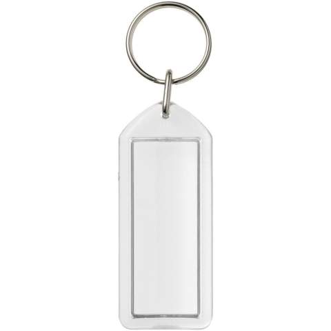Clear rectangular F1 keychain with metal split keyring. This keychain is reopenable with a coin. The metal looped ring offers a flat profile which is ideal for mailings. Print insert dimensions: 5,0 cm x 2,0 cm.