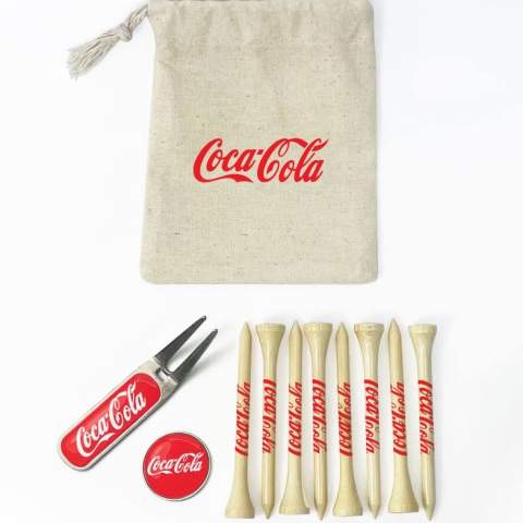 mini  gift bag from organic cotton with 8 tees 70 mm, a metal pitchfork and a metal ball marker. Various colour combinations available