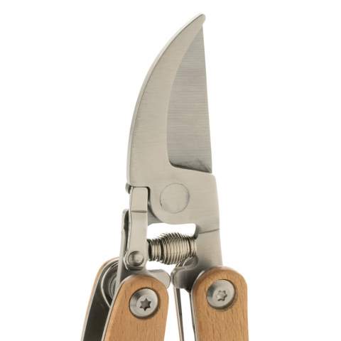 Garden multi-tool made with FSC 100% beech wood,  high hardness and corrosion resistant stainless steel (420). Rockwell hardness 42-52. The item comes with 10 functions: Garden pruning shears, Lock, Flat screwdriver, File, Root remover, Knife, Shovel, Saw, Weed remover hook, Weeding tool. Packed in FSC mix kraft box.<br /><br />PVC free: true