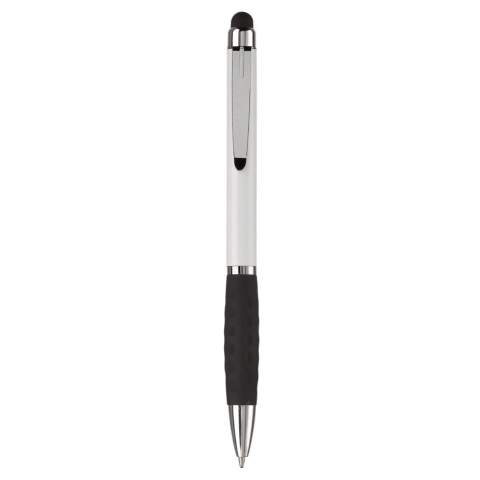 Kunststoff Touch Screen Pen-Toppoint Design. Metallclip und schwarze Gummimanschette. Drehmechanik. Blauschreibend. 