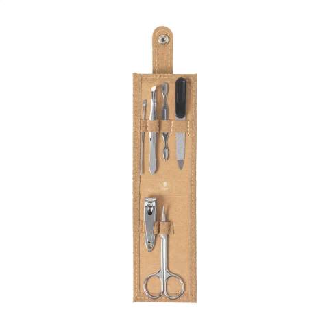 WoW! Manicure set in a compact case made from cork. This 6-piece stainless steel nail care set consists of: • 2 x cuticle tools • tweezers • nail file • nail clippers • cuticle scissors. Items supplied as a set in a brown cardboard box.