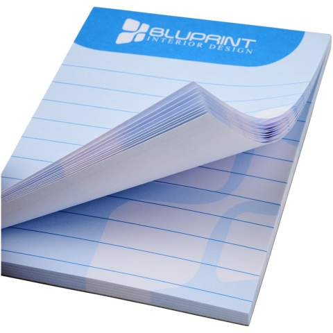 Bloc-notes Desk-Mate® A7 blanc avec des feuilles de papier vierge de 80 g/m². Marquage possible sur chaque feuille. 3 tailles disponibles  (25/50/100 feuilles).