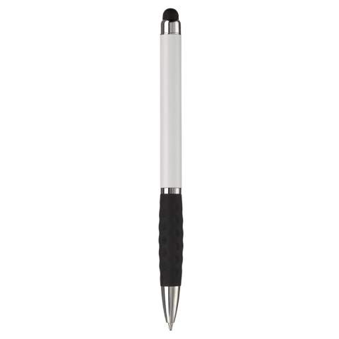 Kunststoff Touch Screen Pen-Toppoint Design. Metallclip und schwarze Gummimanschette. Drehmechanik. Blauschreibend. 