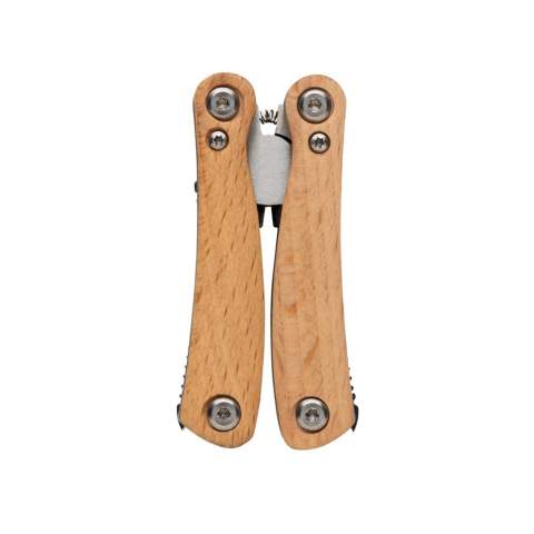 Compact and durable multitool with 12 functions. With beech wood case and high quality stainless steel tools. Tools include: long nose pliers, standard pliers, wire cutters, serrated blade, small knife, medium flat screwdriver, bottle opener, large flat screwdriver, knife, small flat screwdriver, phillips screwdriver, file & cleaner. Packed in gift box.