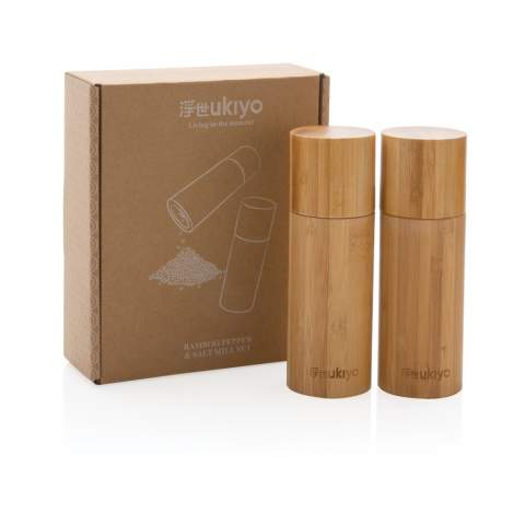 This Ukiyo salt and pepper set brings style and function together within one design to your dinner table.The inside consists of a ceramic grinder ensuring that you can grind salt and pepper easily. The salt and pepper mill set is made of bamboo giving it a beautifully natural, yet stylish look. In addition, the mills have an engraved 'P' and 'S' which gives the set an extra touch. Both mills have a large capacity of 110 ml, so you don't have to refill the sets as often. Packed in kraft giftbox.