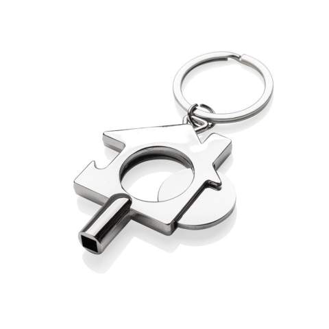 Multifunctionele sleutelhanger met radiatorsleutel, caddymuntje en sterke flesopener. Gemaakt van RCS-gerecycled zinc alloy. Totaal gerecycled materiaal: 69% op basis van het totale gewicht van het item. RCS-certificering zorgt voor een volledig gecertificeerde toeleveringsketen van de gerecyclede materialen. Verpakt in papieren zak. De winkelwagenmunt is 2,23 mm dik, vergelijkbaar met een 1-euromunt.