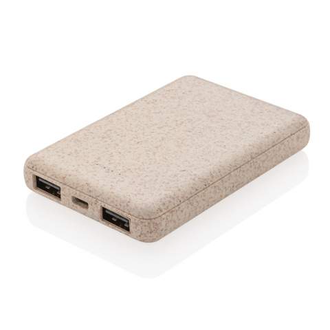 Ultra-compact 5.000 mAh powerbank made out of a natural wheat fibre (35%) mixed with ABS that fits into your pocket so perfectly that you can take it anywhere you go. When fully charged it will provide you with enough energy to re-charge your mobile phone up to three times. The powerbank contains a long lasting grade A 5.000 mAh high-density lithium polymer battery. With dual USB port. The power indicators will indicate the remaining energy level so you always know when to re-charge. Input 5V/2A. Output USB 1: 5V/2A Output USB 2: 5V/1A<br /><br />PowerbankCapacity: 5000