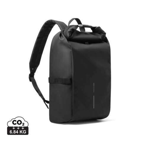 Urban Water Resistant Bike backpack stands as the ideal travel companion, ensuring security and convenience. By rolling up the main compartment and securing it with the reinforced combination lock, the backpack offers complete closure, which can also be used to lock the bag around a fixed object. The backpack easily attaches to your bike frame. Inside, padded compartments accommodate a 16” laptop, while mesh pockets keep your essentials organised. The minimalist exterior is crafted from high-quality, water-resistant, and durable PU material, while the lining is crafted with AWARE™, the use of genuine recycled fabric is guaranteed. 32% recycled content. Registered design®<br /><br />FitsLaptopTabletSizeInches: 16.0<br />PVC free: true