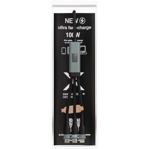 Ultraschnelles 5-in-1 Ladekabel mit 100W aus rPET zum Aufladen von Smartphones, Tablets und Laptops. Der duale USB-A- und USB-C-Eingang macht das Kabel 100 % kompatibel mit den neuesten Computermodellen. Output: Typ-C, Micro USB und Lightning. Geliefert mit einer wiederverwertbaren Tasche aus TPU und einer Einlage aus recyceltem Papier. Länge des Kabels: 1 Meter.