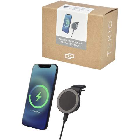The ideal wireless car charger for iPhone 12/iPhone 12 pro/iPhone 12 Pro MAX. With the built-in magnets, the device can simply be placed on the charger and it will attach securely. The charger can be rotated 360 degrees to accommodate any viewing angle. Max 10W wireless output for fast charging. Includes a 100 cm TPE type-C cable and an instruction manual. Comes with an additional metal ring with double tape to make the item compatible with any other smartphone that have wireless charging capability. Delivered in a premium kraft paper box with a colourful sticker. The charger might not be compatible with all types of phone covers/cases, and this can also impact the wireless charging capability.