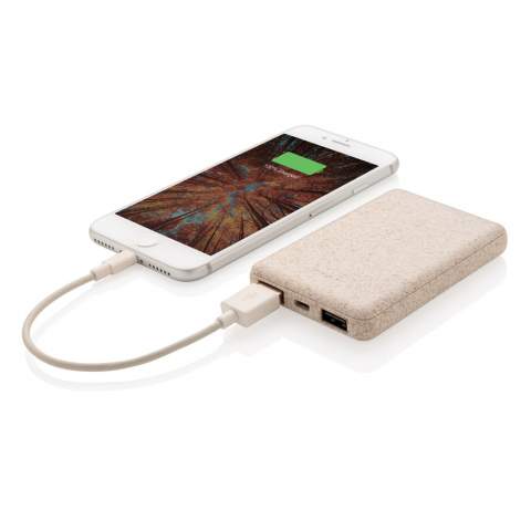 Ultra-compact 5.000 mAh powerbank made out of a natural wheat fibre (35%) mixed with ABS that fits into your pocket so perfectly that you can take it anywhere you go. When fully charged it will provide you with enough energy to re-charge your mobile phone up to three times. The powerbank contains a long lasting grade A 5.000 mAh high-density lithium polymer battery. With dual USB port. The power indicators will indicate the remaining energy level so you always know when to re-charge. Input 5V/2A. Output USB 1: 5V/2A Output USB 2: 5V/1A<br /><br />PowerbankCapacity: 5000