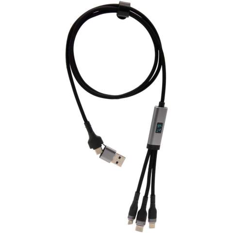Ultraschnelles 5-in-1 Ladekabel mit 100W aus rPET zum Aufladen von Smartphones, Tablets und Laptops. Der duale USB-A- und USB-C-Eingang macht das Kabel 100 % kompatibel mit den neuesten Computermodellen. Output: Typ-C, Micro USB und Lightning. Geliefert mit einer wiederverwertbaren Tasche aus TPU und einer Einlage aus recyceltem Papier. Länge des Kabels: 1 Meter.