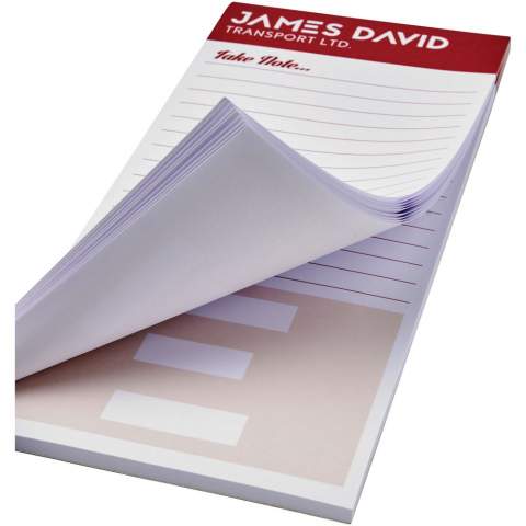 Weißer Desk-Mate® 1/3 A4 Notizblock mit 80g/m2 Papier. Vollfarbdruck auf jedem Blatt möglich. Erhältlich in 3 Größen: 25, 50, 100 Blatt.