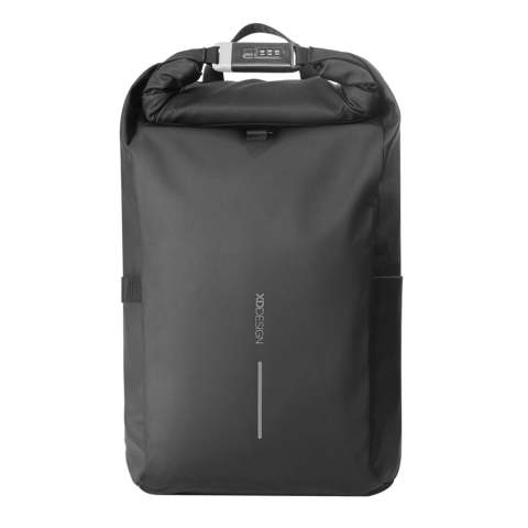 Urban Water Resistant Bike backpack stands as the ideal travel companion, ensuring security and convenience. By rolling up the main compartment and securing it with the reinforced combination lock, the backpack offers complete closure, which can also be used to lock the bag around a fixed object. The backpack easily attaches to your bike frame. Inside, padded compartments accommodate a 16” laptop, while mesh pockets keep your essentials organised. The minimalist exterior is crafted from high-quality, water-resistant, and durable PU material, while the lining is crafted with AWARE™, the use of genuine recycled fabric is guaranteed. 32% recycled content. Registered design®<br /><br />FitsLaptopTabletSizeInches: 16.0<br />PVC free: true