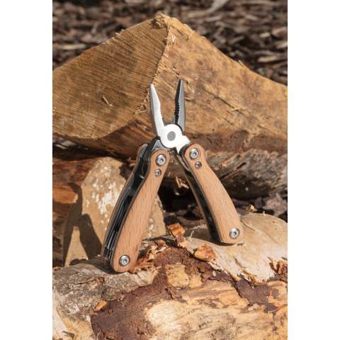 Compact and durable multitool with 12 functions. With beech wood case and high quality stainless steel tools. Tools include: long nose pliers, standard pliers, wire cutters, serrated blade, small knife, medium flat screwdriver, bottle opener, large flat screwdriver, knife, small flat screwdriver, phillips screwdriver, file & cleaner. Packed in gift box.