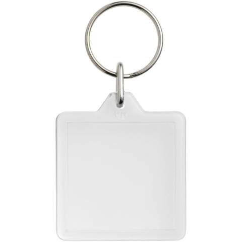 Clear square U1 keychain with metal split keyring. The metal looped ring offers a flat profile which is ideal for mailings. Print insert dimensions: 3,2 cm x 3,2 cm.