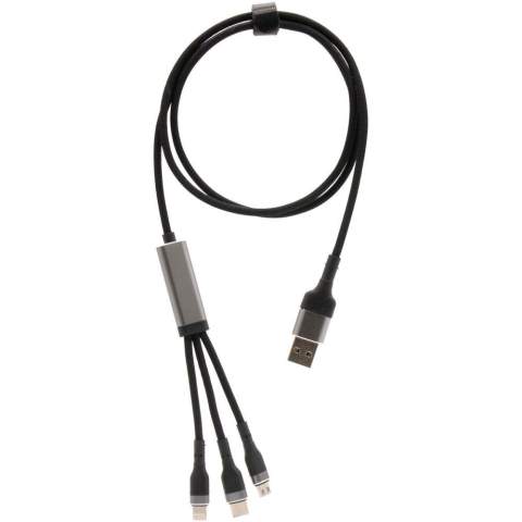 Ultraschnelles 5-in-1 Ladekabel mit 100W aus rPET zum Aufladen von Smartphones, Tablets und Laptops. Der duale USB-A- und USB-C-Eingang macht das Kabel 100 % kompatibel mit den neuesten Computermodellen. Output: Typ-C, Micro USB und Lightning. Geliefert mit einer wiederverwertbaren Tasche aus TPU und einer Einlage aus recyceltem Papier. Länge des Kabels: 1 Meter.