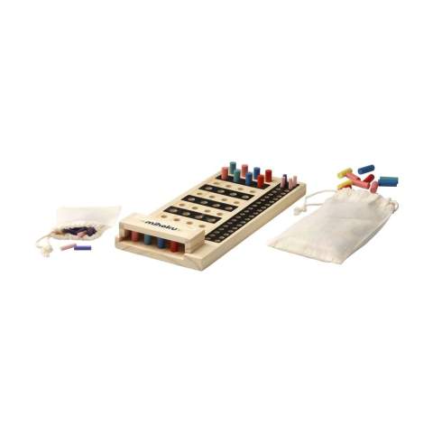 WoW! This game consists of a game board made of pine wood and 140 pawns in various colours and in 2 sizes. The pawns are made from FSC 100% bamboo and come in a cotton pouch - sorted by size. Incl. instructions. This game is a fun brain teaser for two people. Can you discover the secret code? Items supplied as a set in a brown cardboard box.