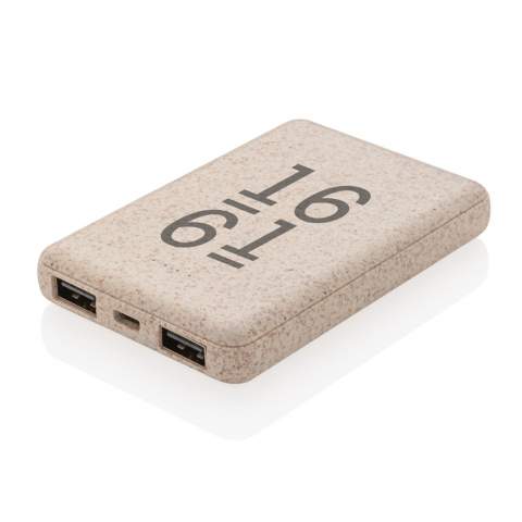 Ultrakompakte 5.000 mAh Powerbank hergestellt aus einem Mix aus ABS und Weizenfasern ( 35%) die perfekt in Ihre Tasche passt. Ist die 5.000 mAh High-Density A-Grade Lithium Polymer Batterie voll geladen können Sie Ihr Smartphone hiermit bis zu 3 mal wieder aufladen. Mit Dual-USB-Port und Ladestandsanzeige. Input 5V/2A.; Output USB 1: 5V/2A.; Output USB 2: 5V/1A.<br /><br />PowerbankCapacity: 5000