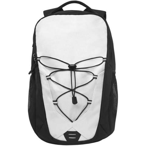 A mix of an outdoor and daily backpack with coloured facing and elastic cord with reflective accents on the front panel. Features two external water bottle meshed pockets, front compartment with several small divisions, a hook for easy storage, and a 12" tablet sleeve. The backpack has a padded reinforced handle and a comfortable padded back. Fits a 15.6" laptop in a padded sleeve inside the main compartment.