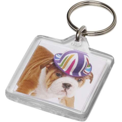 Clear square U1 keychain with metal split keyring. The metal looped ring offers a flat profile which is ideal for mailings. Print insert dimensions: 3,2 cm x 3,2 cm.