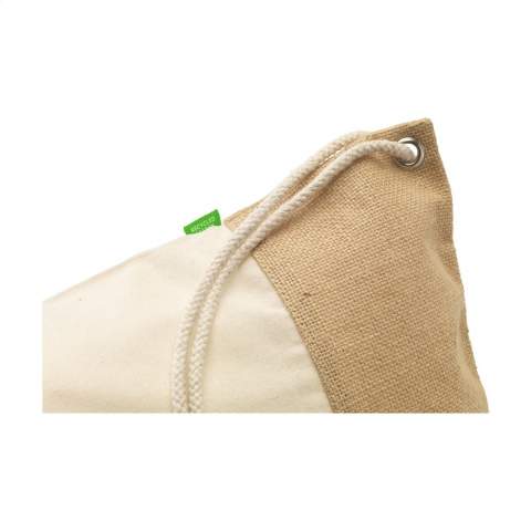 WoW! Sturdy backpack for an environmentally-friendly promotion. With matching natural materials. The bag is made of organic cotton (160 g/m²) combined with sturdy jute and cotton drawstrings. Capacity approx. 8 litres.