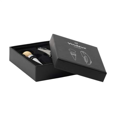 2-piece wine gift set: matte steel waiters friend and bottle stopper with rounded wooden handle. Each set in a box. Items supplied as a set with, each set individually boxed.