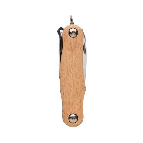 Compact and strong pocket knife with 9 functions. With beech wood case and high quality stainless steel tools. Tools include: knife, serrated cutter, scissors, file, saw, sewing tool, hook disgorger, phillips screwdriver, flat screwdriver. Packed in gift box.