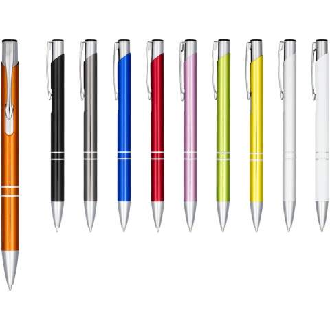Ballpoint pen with click action mechanism, aluminium barrel, ABS parts, and a steel clip. The pen is available in a wide variety of colours, and has an anodized finish which gives it a stunning shine. The extensive and popular Moneta range is available in many different styles and finishes.