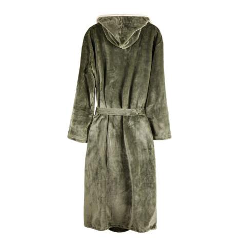 Soft, cosy robe in luxury plush material with a large hood and decorative piping. Two front pockets and a waist belt. The robe is made from 70% recycled material from PET bottles. We don't like to transport air, so we've chosen to vacuum-pack this robe to reduce our carbon footprint. OEKO-TEX Standard 100 means that the robe's material meets multiple product safety criteria. Manufactured by GRS (Global Claim Standard), the GRS certification ensures that the entire supply chain of the recycled materials is certified. Total recycled content is based on total product weight. Size S/M.