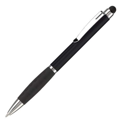 Kunststoff Touch Screen Pen-Toppoint Design. Metallclip und schwarze Gummimanschette. Drehmechanik. Blauschreibend. 