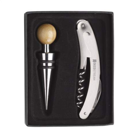 2-piece wine gift set: matte steel waiters friend and bottle stopper with rounded wooden handle. Each set in a box. Items supplied as a set with, each set individually boxed.