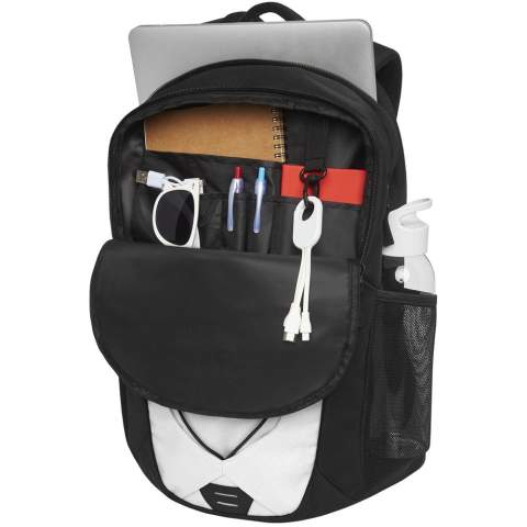 A mix of an outdoor and daily backpack with coloured facing and elastic cord with reflective accents on the front panel. Features two external water bottle meshed pockets, front compartment with several small divisions, a hook for easy storage, and a 12" tablet sleeve. The backpack has a padded reinforced handle and a comfortable padded back. Fits a 15.6" laptop in a padded sleeve inside the main compartment.
