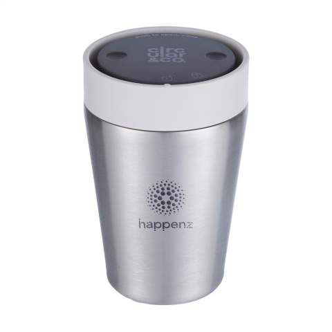 Double-walled, reusable coffee-to-go cup with lid, from Circular&Co. The cup is made from 98% recycled stainless steel. The lid is made of PP and 100% recyclable. The insulating effect keeps your drink at the right temperature for a long time. The lid of this coffee cup has special innovative features such as a trust-lock™ mechanism and a swift-click™ closure. Press the lid to drink. Click on the lid to close the cup and lock the lid. You can easily do this with one hand. In addition, the lid has a clear open and close position for an even better 360-degree drinking experience, allowing you to drink from every angle. This ideal cup is therefore 100% leak and spill-free and ideal for on the go. BPA-free, Melamine-free and Food Approved. Including instructions for use. Capacity 227 ml. Each item is supplied in an individual brown cardboard box.