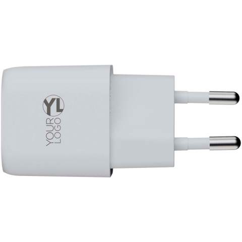 The 20W GaN² Ultra wall charger plug is designed to be more compact and powerful than ever before. With its compact design and dual-port functionality, this wall charger is perfect for your travels, office, or home. To reduce waste and contribute to a more sustainable future, the charger is made from 97% recycled plastic. Output: 1 USB-C 20W power delivery, and 1 USB-A 18W quick charge 3.0. Delivered with a user manual.