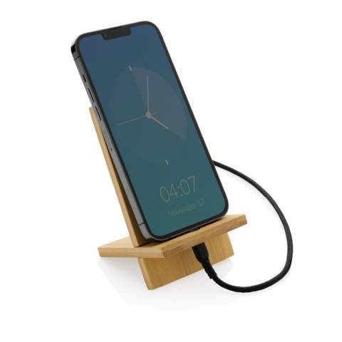 FSC® 100 certified bamboo phone stand. The stand has a hole to connect a charging cable through so you can easily charge the phone while using the stand. Packed in FSC mix kraft box that fits through the mailbox easily.<br /><br />PVC free: true