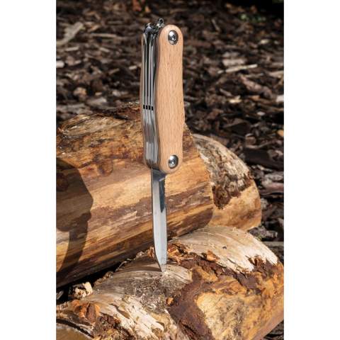 Compact and strong pocket knife with 9 functions. With beech wood case and high quality stainless steel tools. Tools include: knife, serrated cutter, scissors, file, saw, sewing tool, hook disgorger, phillips screwdriver, flat screwdriver. Packed in gift box.