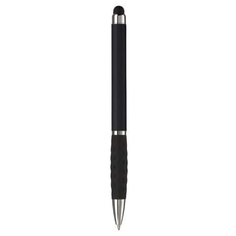 Kunststoff Touch Screen Pen-Toppoint Design. Metallclip und schwarze Gummimanschette. Drehmechanik. Blauschreibend. 