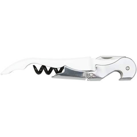 Stainless steel waitress knife with a colored body featuring a corkscrew, foil cutter, and bottle opener. With the two-step construction it's easy to pull the cork out from the bottle.