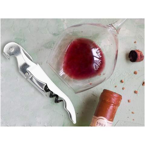 Stainless steel waitress knife with a colored body featuring a corkscrew, foil cutter, and bottle opener. With the two-step construction it's easy to pull the cork out from the bottle.